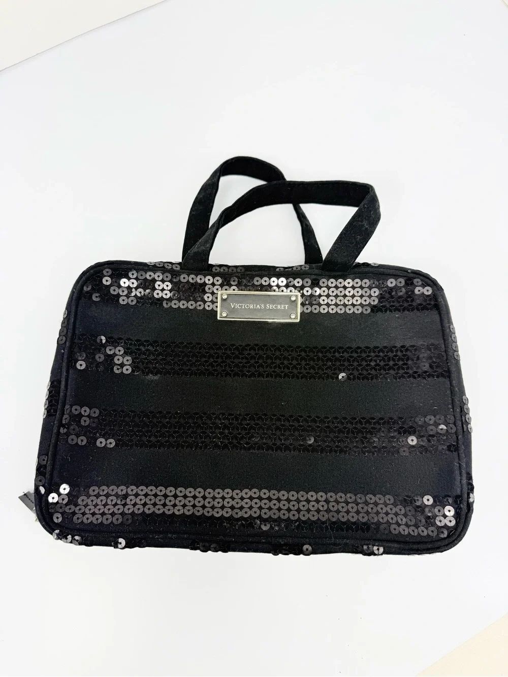 Victoria's Secret Black Canvas Sequin Stripe Double Handle Zip Toiletry Bag